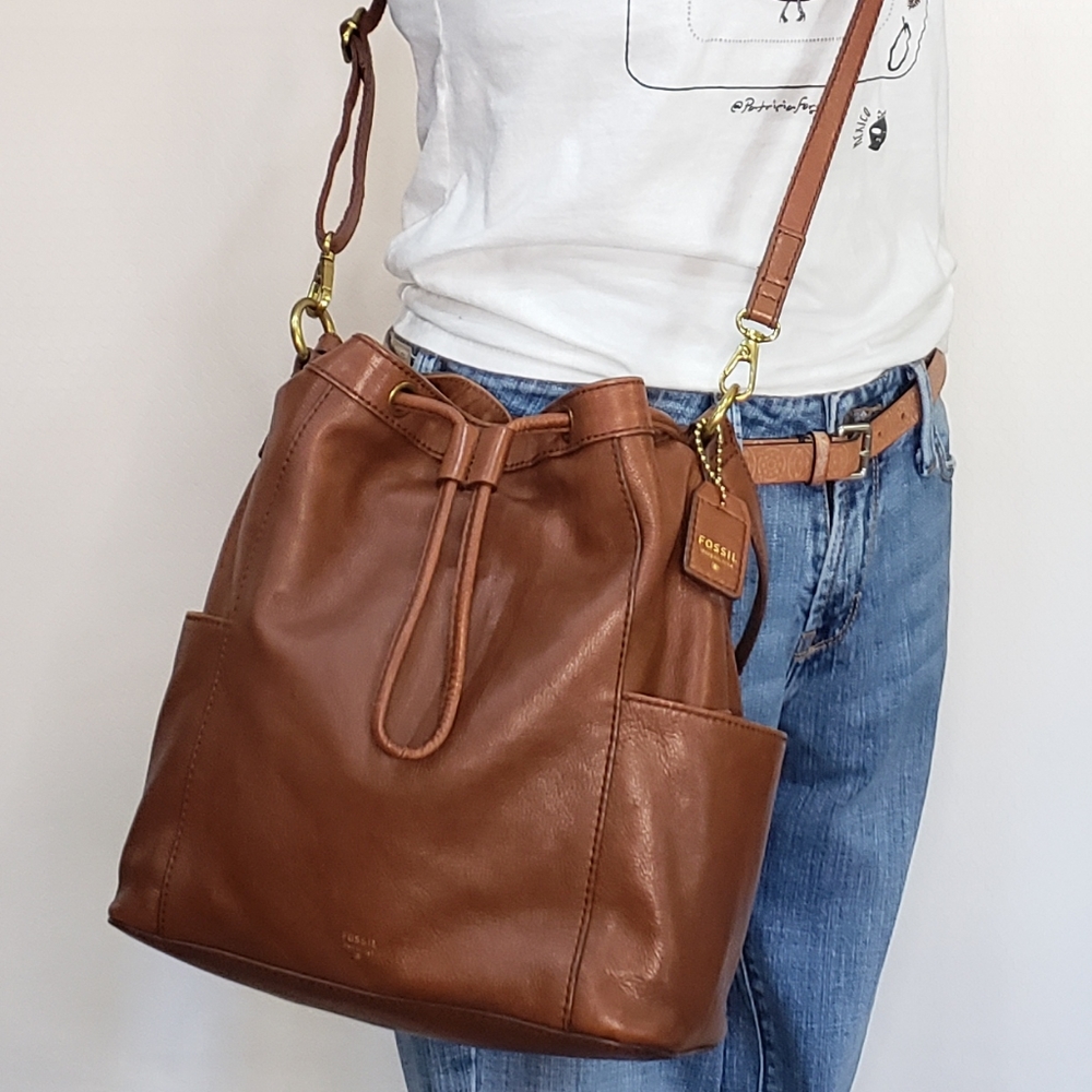Fossil VTG Leather Drawstring Purse Bag Tote